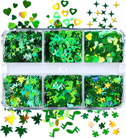 12 Grids St. Patrick’s Day Nail Glitters Sequins, Green Clover Nail Art Confetti 3D Holographic Shiny Nail Flakes Acrylic Irish Nail Art Supplies ...