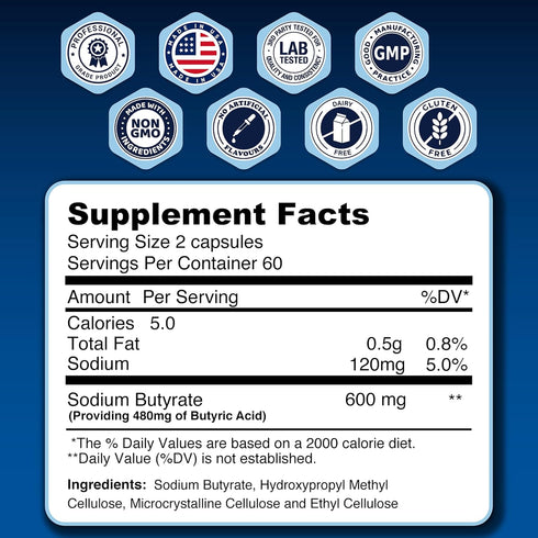 Extended Release Sodium Butyrate Postbiotic Short Chain Fatty Acid | Micro-Granule Formulation | 120 capsules | 300mg per Capsule | Independently ...