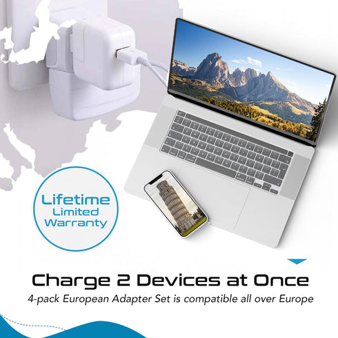Ceptics European Plug Adapter 4 Pack Set, USA to Europe, Italy, Germany, England, Spain, Italy, Iceland, France (Type C, E/F, G, L) - for Your Cel...