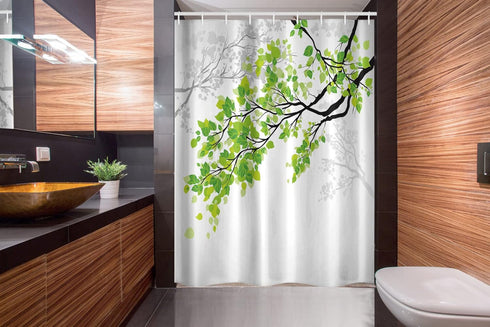 Ambesonne Nature Stall Shower Curtain, Twiggy Spring Tree Branch Refreshing Leaves Summer Peaceful Woodland Graphic, Fabric Bathroom Decor Set wit...