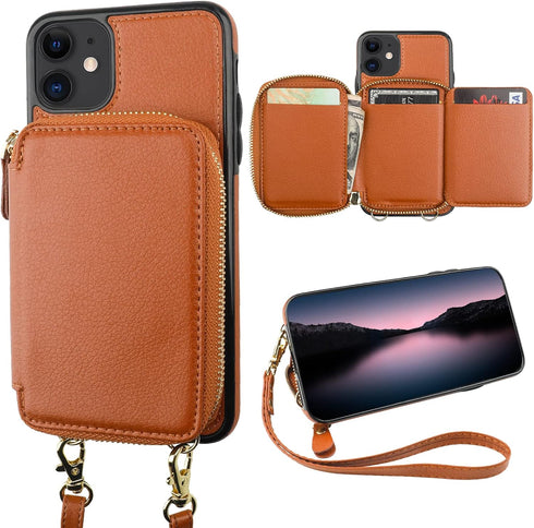 Bocasal RFID Blocking Wallet Case for iPhone 11, Adjustable Crossbody Zipper Purse Case Card Holder with Kickstand Detachable Wrist Strap, PU Leat...