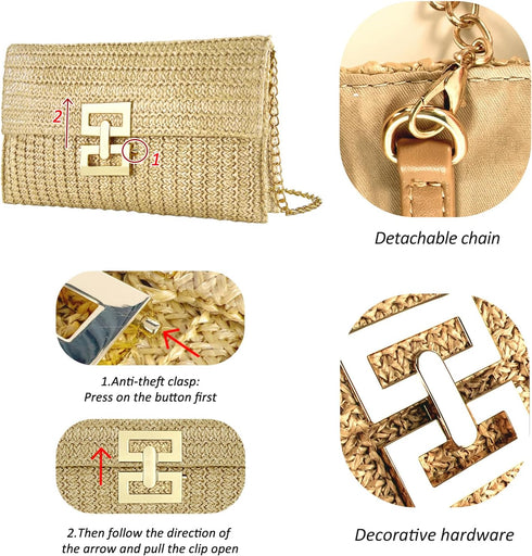 Summer Straw Clutch Purses for Women Woven Beach Bag Evening Purse Envelope Clutch with Detachable Strap...