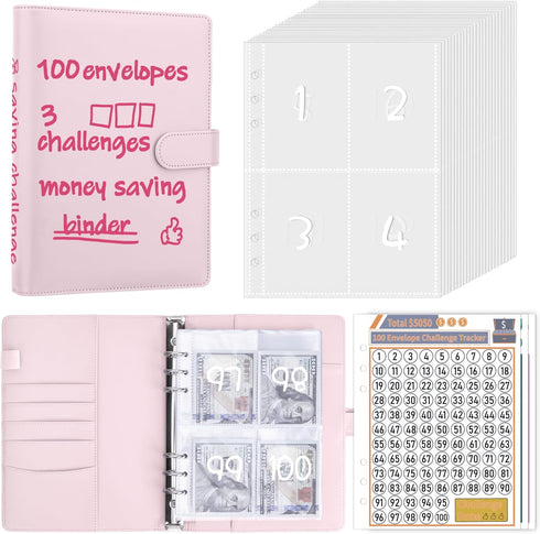 100 Envelopes Money Saving Challenge Binder to Save $5,050, 500, 10,000, A5 Budget Planner Savings Binder Challenge Book with Cash Envelopes for B...