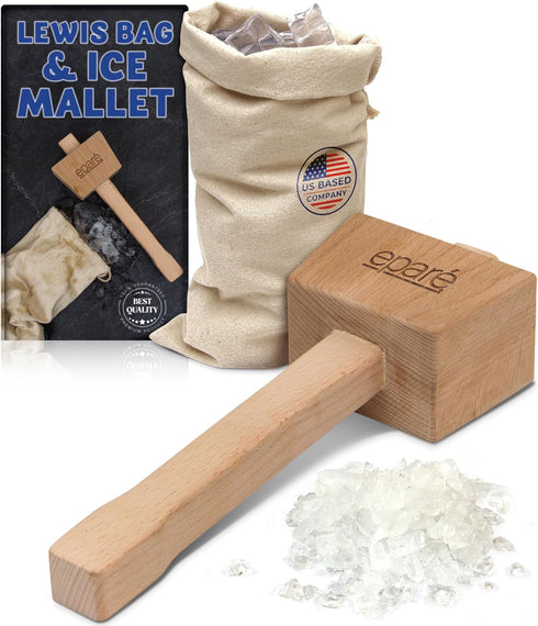 Eparé Lewis Bag & Ice Mallet - Manual Ice Crusher Wooden Hammer - Canvas Crushing Bag - Crushed Ice Bar Cocktails - Bartender & Kitchen Tools Kit...