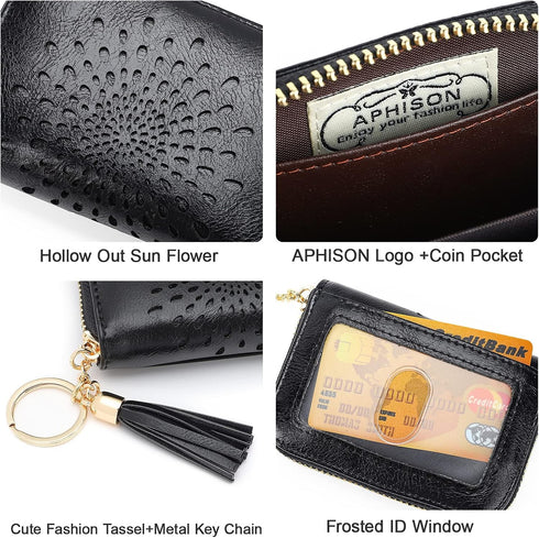 APHISON RFID Credit Card Holder Zipper Card Case Small Wallets for Women Leather Sunflower style Ladies Girls/Gift Box 1927 BLACK...