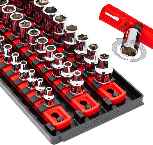 Ernst Manufacturing 8490 Socket Boss: 3-Rail Socket Organizer Tool Tray with 40 Clips (1/4", 3/8", 1/2") - Red, 13-Inch Rails for Toolbox Storage ...