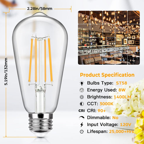 4-Pack Vintage LED Edison Bulbs 100W Equivalent 1400LM High Brightness 8W ST58 LED Filament Light Bulbs 3000K Warm White E26 Medium Base CRI90+ An...