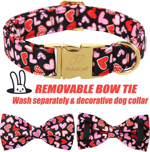 Valentine's Day Dog Collar with Bow Tie,Colorful Love Heart Male Dog Collar with Safety Metal Buckle Adjustable Puppy Collars for Small Medium Lar...