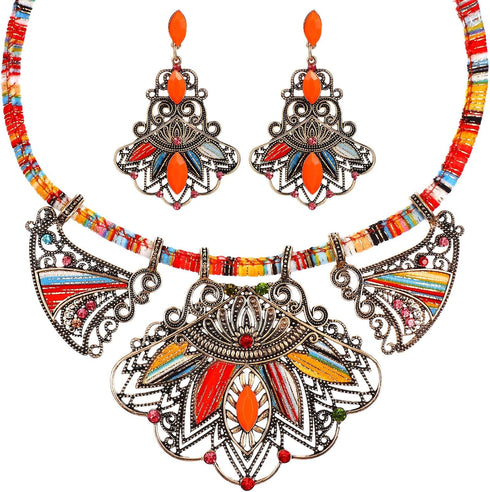 Bohemian Jewelry Set for Women - Colorful Resin Bib Necklace and Earrings, Ethnic Style Statement Jewelry for Weddings, Parties, and Everyday Wear...