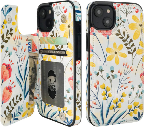 HAOPINSH for iPhone 13 Case Wallet with Card Holder, Floral Flower Pattern Back Flip Folio PU Leather Kickstand Card Slots Case for Women Girls, D...