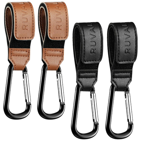Leather Stroller Hooks for Diaper Bag and Stroller Organizer - RUVALINO® Stroller Strap with Large Carabiner Clip for Bags - Accessories for Wheel...
