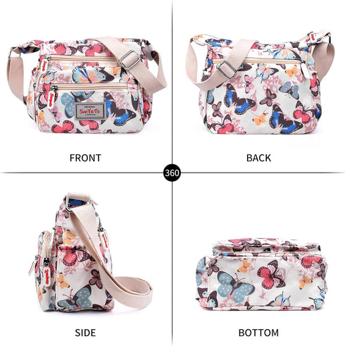 WITERY Crossboby Bag for Women - Waterproof Nylon Multi-Pocket Purse Floral Shoulder Bag Zipper Handbag Messenger Bag...
