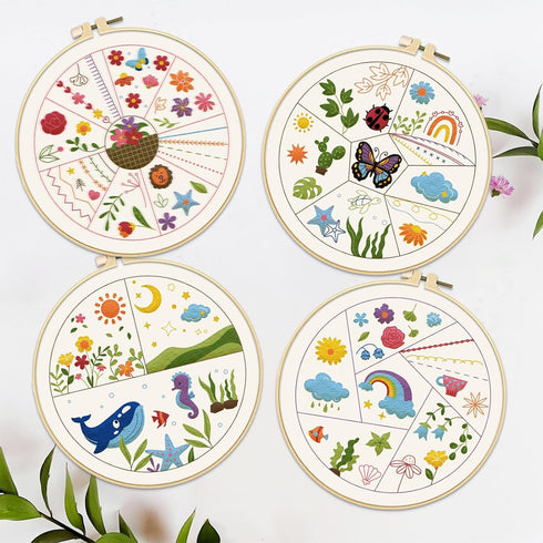 FREEBLOSS 4 Set 8inch Embroidery Kit for Beginners Learn Embroidery Stitches Kit Cross Stitch Kits Embroidery Starter Kit includes 2 Embroidery Ho...