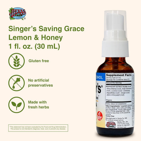 Herbs Etc. Singer's Saving Grace Lemon & Honey - Herbal Remedy Spray Aids Throat Comfort & Health - Soothing Hydrating Throat Support - Throat Rel...