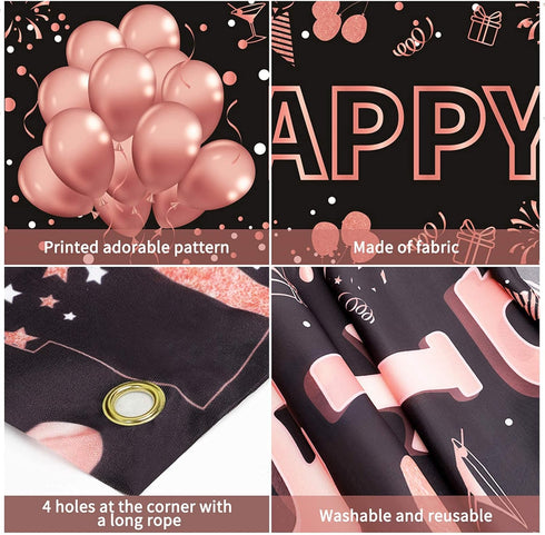 Pimvimcim 18th Birthday Decorations for Girls, Happy 18th Birthday Banner Rose Gold and Black 18 Year Old Birthday Decorations Party Supplies (9.8...