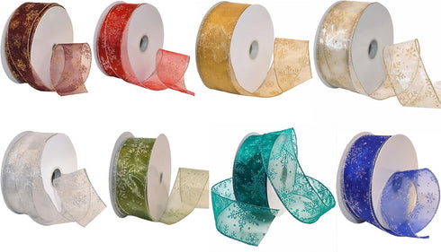 Morex Snowflake 2.5" X 50 YD Nylon Sheer Wired Glitter Ribbon in Spring Moss/Silver...