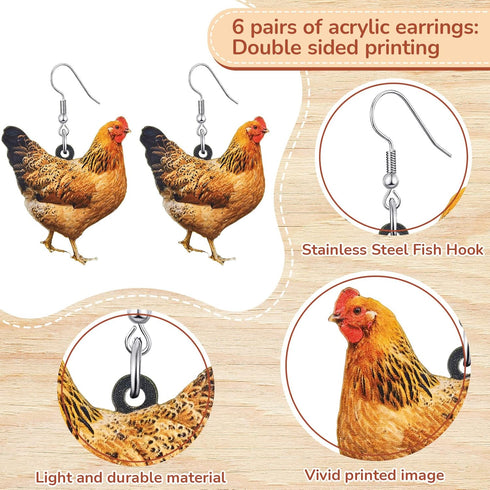 6 Pairs Acrylic Hen Chicken Earrings Animal Rooster Drop Dangle Earrings Cute Farm Chicken Jewelry for Girl Women Ladies Gift...