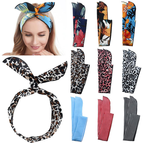 Women Cheetah Print Wire Headband Rabbit Ears Hairband Wired Hair Tie Scarf Head Wrap/Assorted 9 Colors...