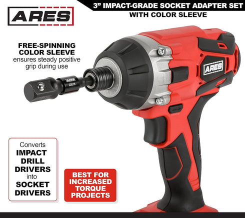 ARES 22011-3-Piece 3-Inch Impact Grade Socket Adapter Set with Color Sleeve - Turns Power Drill into High Speed Nut Driver - 1/4-Inch, 3/8-Inch, a...