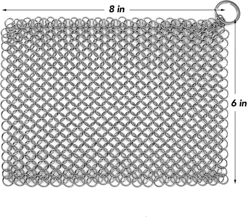 Cast Iron Scrubber 316 Stainless Steel Skillet Cleaner 8"x6" Chainmail Scrubber Scraper Chain Mail Link Scrub for Cast Iron Pre-Seasoned Pans, Gri...