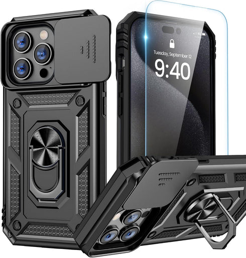 Goton for iPhone 15 Pro Case with Screen Protector - Slide Camera Cover Protective Phone Case with Ring Stand, Heavy Duty Shockproof Rugged Bumper...