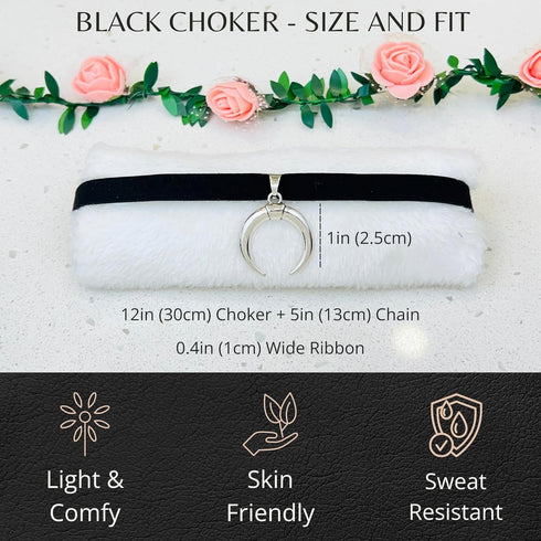 Black Suede Leather Choker Necklace with Silver Crescent Moon Pendant for Women Men...