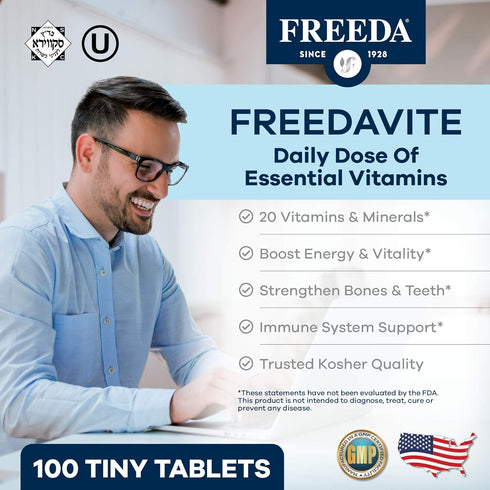 Freedavite Tiny Tablet - Moderate Multivitamin for Men and Women - Vitamin A, C, D, E, B1, B2, B6, B12, Biotin, Calcium, Zinc, Iron, Magnesium, Ma...