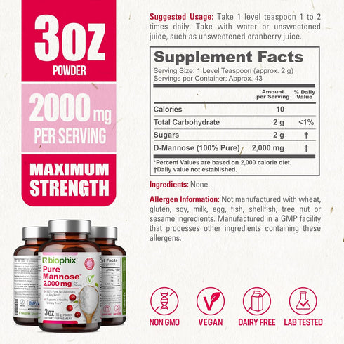 biophix Pure Mannose 100 Percent Powder 2000 mg 3 oz 85 Grams - Supports Urinary Bladder Tract Health...