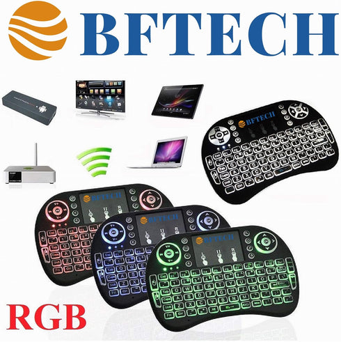 BFTECH Tricolor Mini Wireless Touch Keyboard Handheld Remote, Touchpad Mouse Combo, 3 Color LED Backlit Remote Control for Android TV Box, PS3 Xbo...