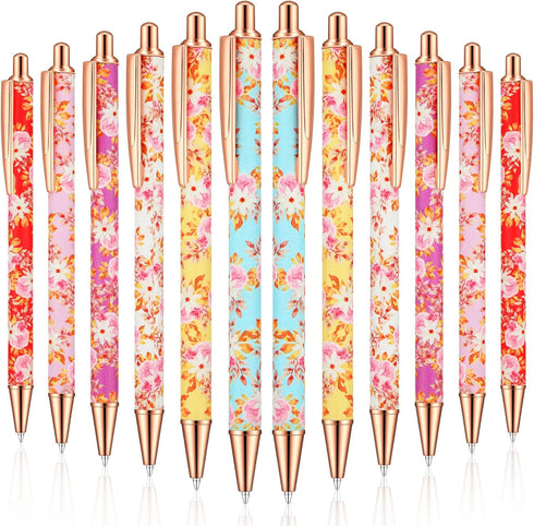 12 Pcs Floral Pens Flower Ballpoint Pens Pretty Fancy Pens for Women Girls Cute Black Ink Medium Point Pen Retro Retractable Pens for Gift to Teac...