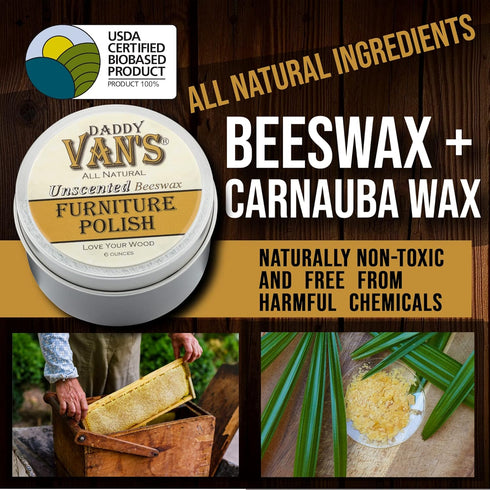 Daddy Van's All Natural Beeswax Furniture Polish – Unscented, Food-Safe Wood Wax for Furniture, Cabinets, Antiques & Butcher Blocks – Non-Toxic, C...