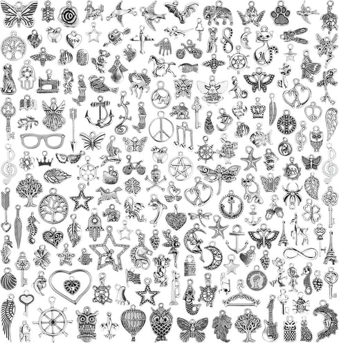 JIALEEY 200 PCS Wholesale Bulk Lots Jewelry Making Charms Mixed Smooth Tibetan Silver Metal Charms Pendants DIY for Necklace Bracelet Jewelry Maki...