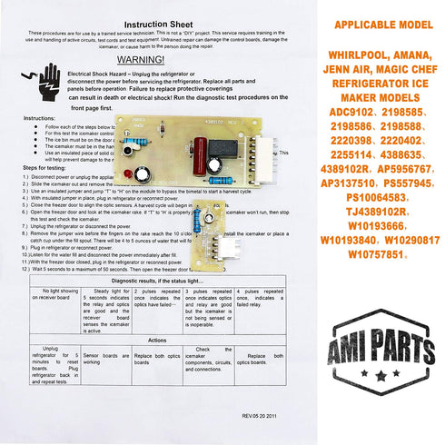 4389102 Refrigerator Ice Maker Emitter Sensor Control Board Kit by AMI PARTS Compatible with Whirlpool Kenmore Replaces 2198586 PS557945 ADC9102 2220398 W10757851 AP5956767