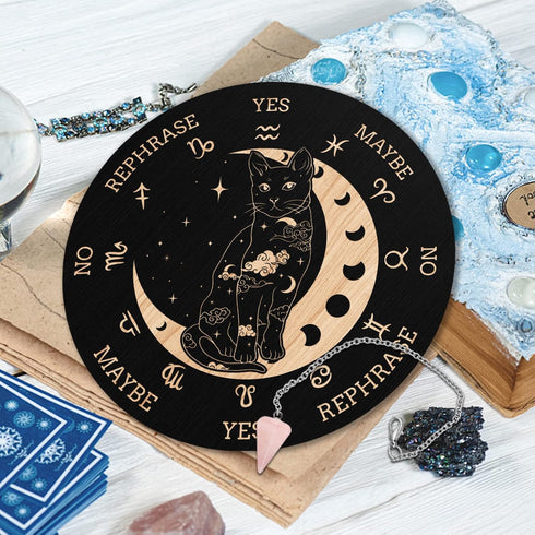 Wooden Pendulum Board 7.9" Cat Moon Witch Dowsing Divination Planchette Board Metaphysical Message Board with Healing Crystal Necklace Witchcraft ...