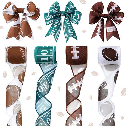 20 Yards/4 Rolls Football Wired Ribbons 2.5 Inches Wide Green Brown Wired Ribbon Sports Burlap Ribbon Rolls Ball Pattern Ribbons for DIY Wrapping ...