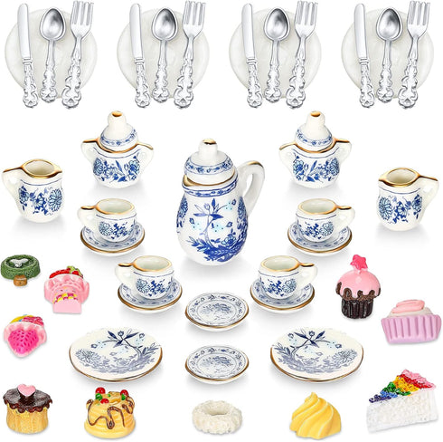 41 Pieces 1:12 Scale Miniatures Dollhouse Kitchen Accessories 15 Porcelain Tea Cup 16 Mini Doll Plate Knife Fork Spoon 10 Miniature Decor Dessert ...