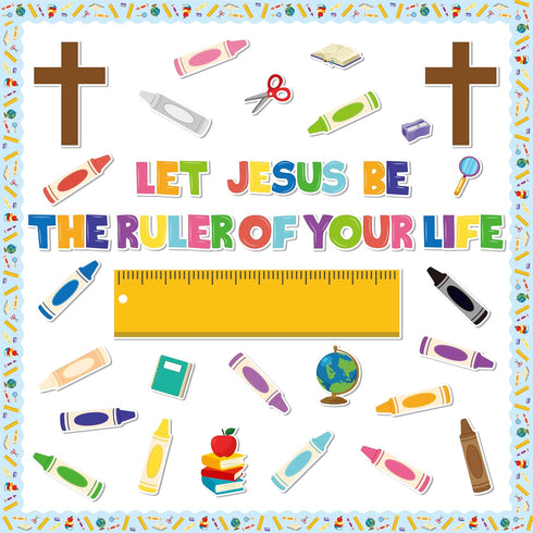 Back to School Religious Bulletin Board - 107Pcs Let Jesus Be The Ruler of Your Life Christian Bulletin Board Classroom Decoration Crayon Cutouts ...