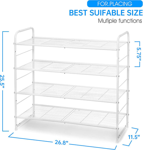 Simple Trending 4-Tier Stackable Shoe Rack, Expandable & Adjustable Shoe Organizer Storage Shelf, Wire Grid, White...