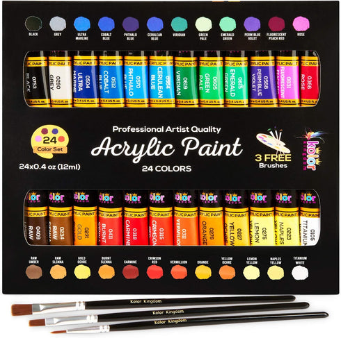 24-Color Acrylic Paint Set (12 ml) With 3 Brushes - For Canvas, Paper, Wood, Rock, Ceramic & Fabric...