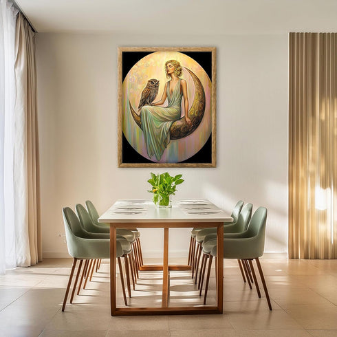 Posterizer 1 pcs-serene woman on crescent moon with an owl-oil painting style-1-Collectibles & Fine Art-Fantasy & Fiction Art-Decor for Home & Off...