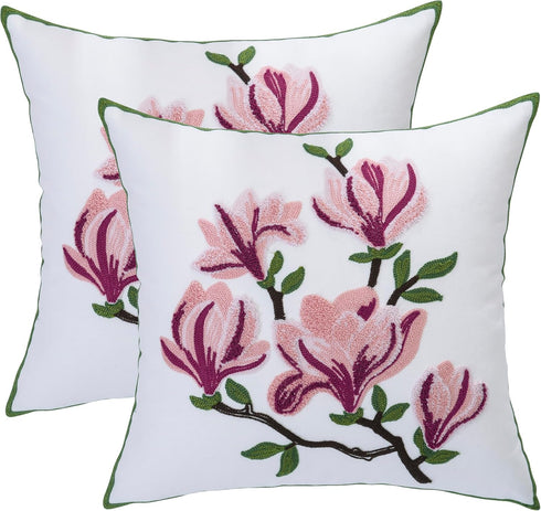 Embroidered Throw Pillow Covers 18x18 Inch Set of 2 Pink Magnolia Flower Spring Pillowcases, Square Pillow Cushion for Living Room Sofa Bed...