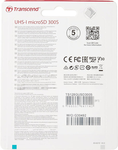 Transcend TS128GUSD300S 128GB MicroSDXC Class 10 UHS-1 U3 A1 V30 Memory Card...