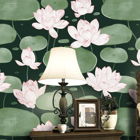 Yasinet Peel and Stick Wallpaper Floral Wallpaper Vintage Dark Green Lotus Flower Contact Paper Removable Self Adhesive Wallpaper for Wall Living ...