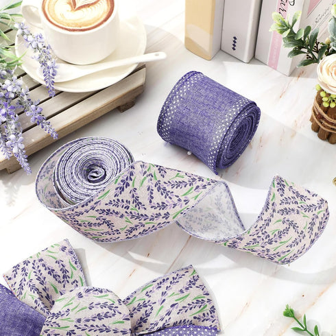 Lavender Wired Edge Ribbon Purple Flower Craft Ribbon Spring Summer Floral Fabric Ribbon for Wreath Bow Making DIY Crafts Wrapping Party Decor Sup...
