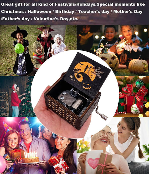 Youtang Hand Crank Music Box Halloween Christmas Laser Engraved Wood Musical Box Jack&Sall Gift for Christmas,Birthday,Valentine's Day,Mother's Da...
