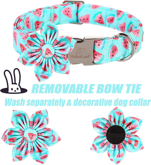 Dog Collar with Blue Watermelon Flower Tie,Cotton Dog Collar with Safety Metal Buckle Adjustable Puppy Collars for Small Medium Large Boy&Girl Dog...