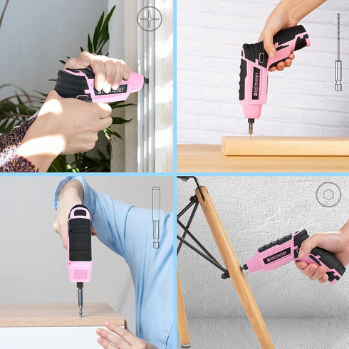 Bielmeier 4V Pink Cordless Screwdriver Set, Small Electric Drill for Women, Rechargeable with 27 Piece Driver Set, Mini Electric Screwdriver with ...