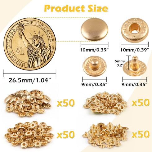 PECMER 50 Sets Snap Fasteners Kit 10mm Metal Snap Buttons Kit Leather Fasteners for Craft Sewing Clothes Leather Bracelets Belt Jackets Bags -200 ...