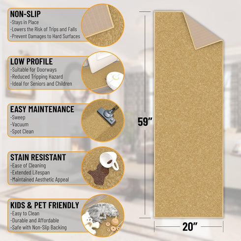 Sweet Home Stores Washable Non-Slip Solid Design Rubberback Runner Rug for Kitchen, Hallways, Bathroom, Entrance, Bedroom, 20" x 59", Beige...