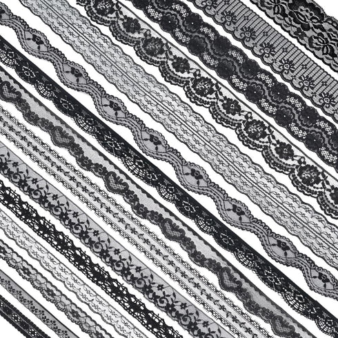 BENECREAT 37.5 Yards 15 Rolls Mixed Black Floral Pattern Fabric Lace Ribbon for Wedding Invitation, Cards, Decorating, Sewing, Hair Bow Making, Gi...